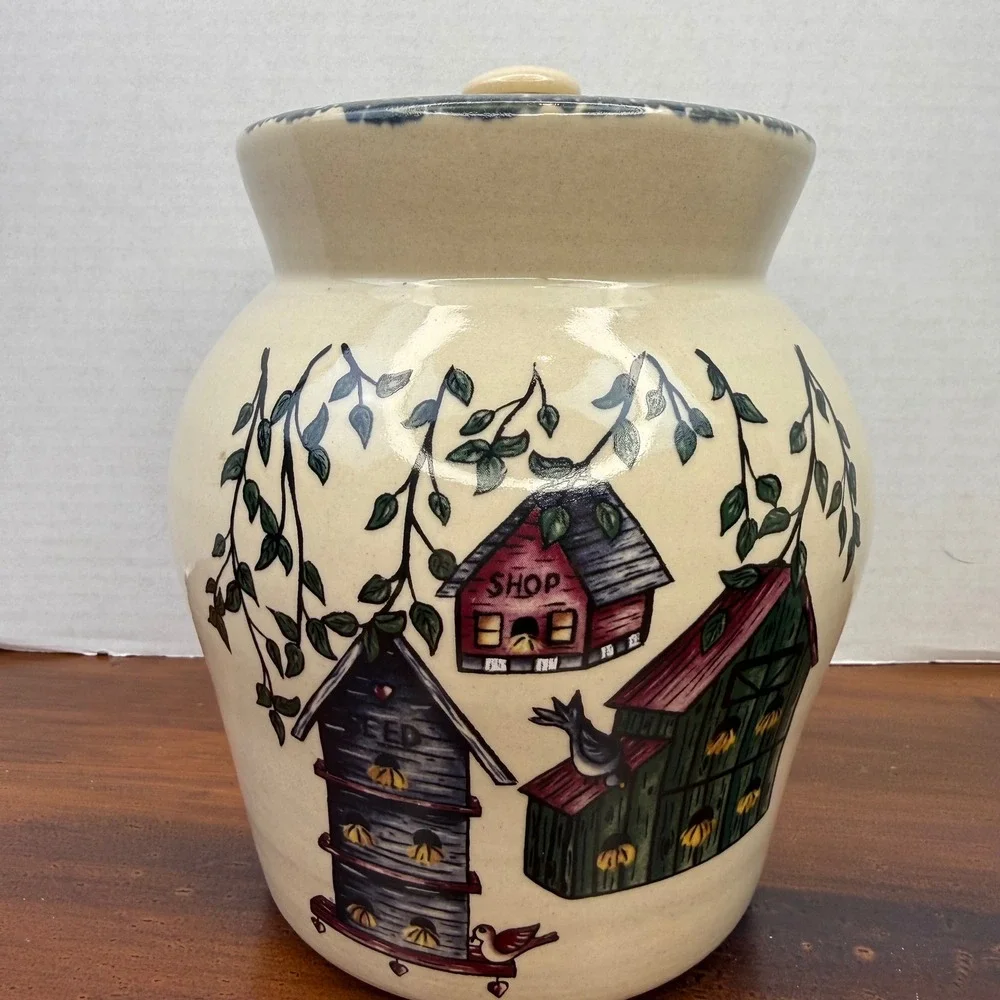 Home & Garden Party Birdhouse Canister Set 3pc Stoneware USA 2001 Vintage